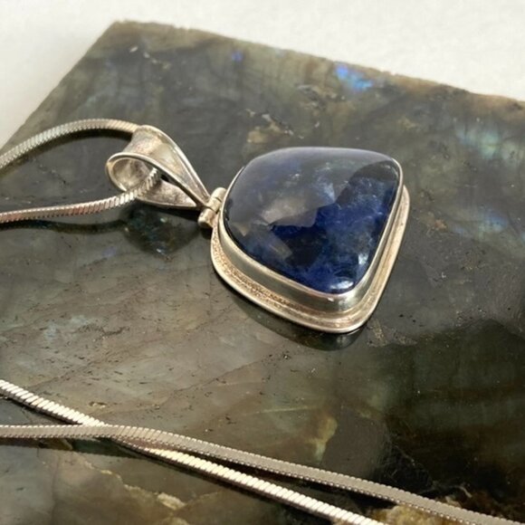 Sterling Silver 925 1.66" Sodalite Hinged Pendant Necklace 18" Snake Chain 24g - Picture 8 of 16